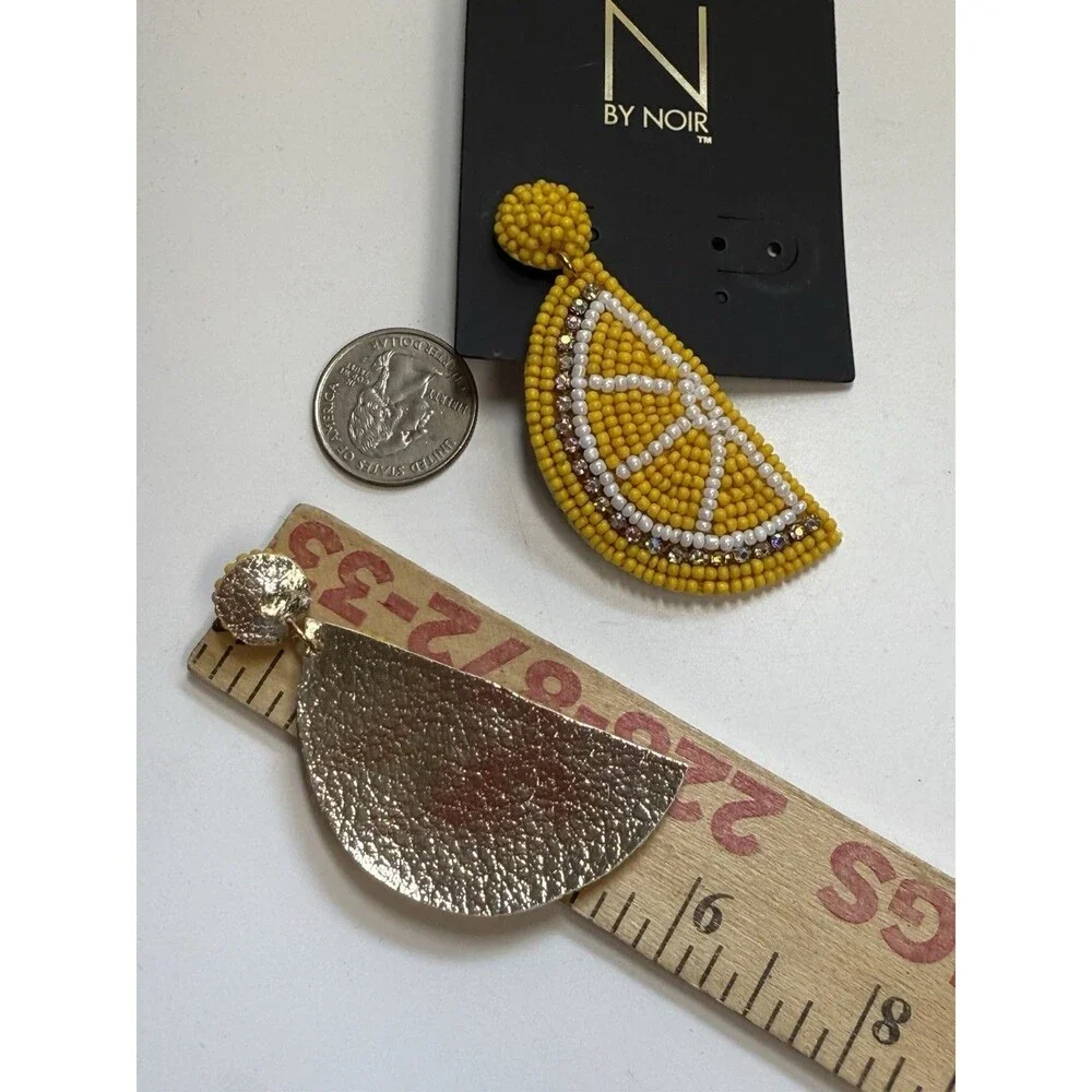 N By Noir Yellow Sead Bead & Rhinestone Beaded  Lemon Slice Dangle Earrings